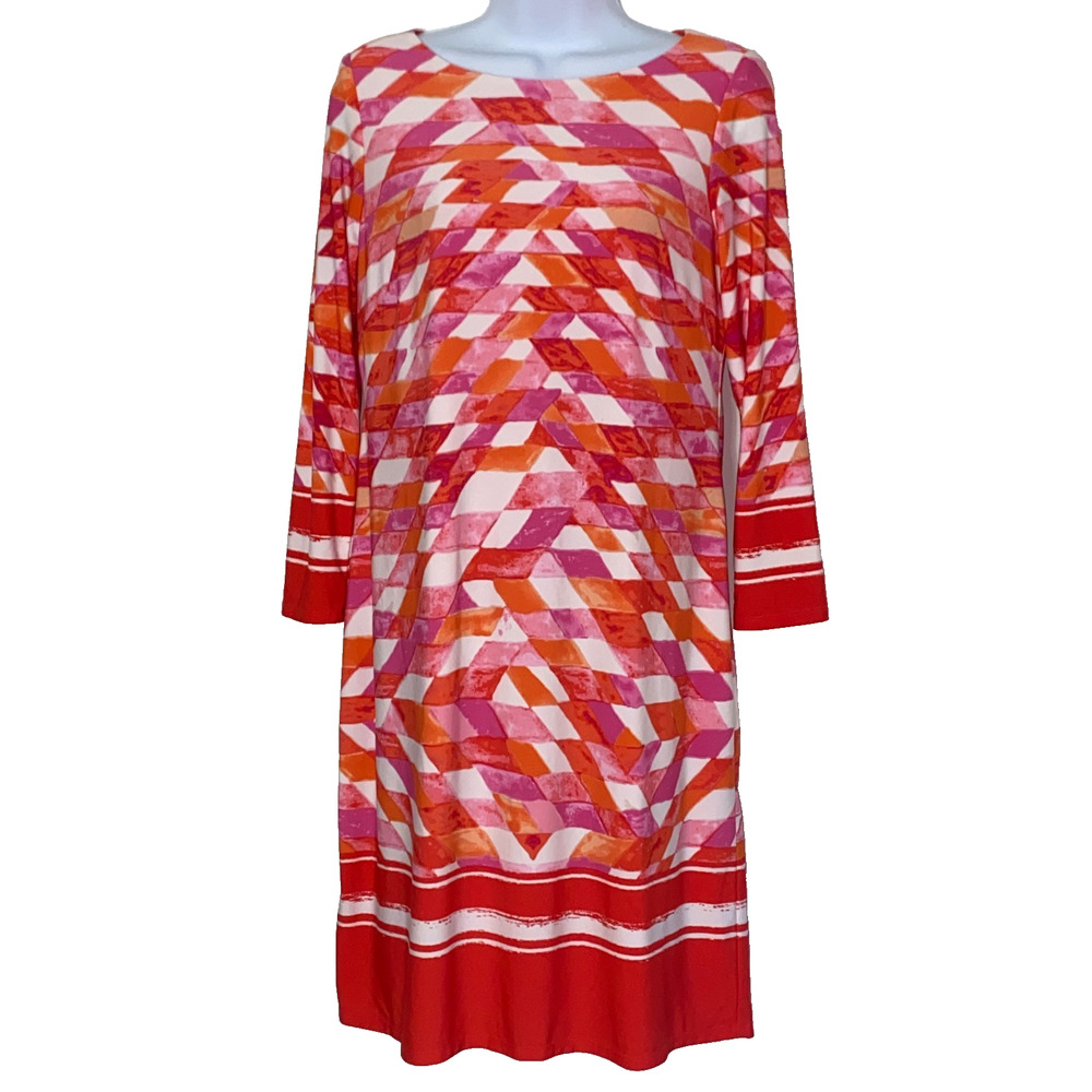 Vince Camuto Shift Dress Womens Size 6 Orange Pink Geometric 3/4 Sleeve Gold Zip